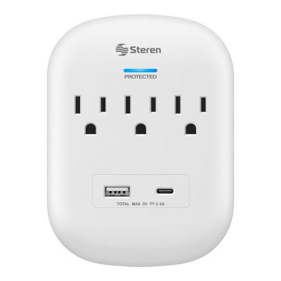 Multicontacto de pared con supresor de picos (170 J), 3 salidas polarizadas y centro de carga USB / USB C